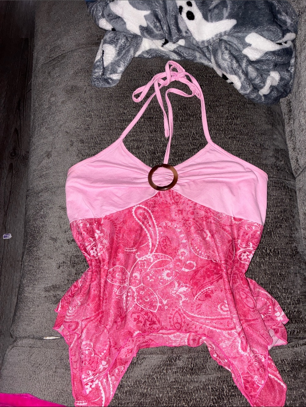 Pink Halter Paisley Tank Top with Ring Detail